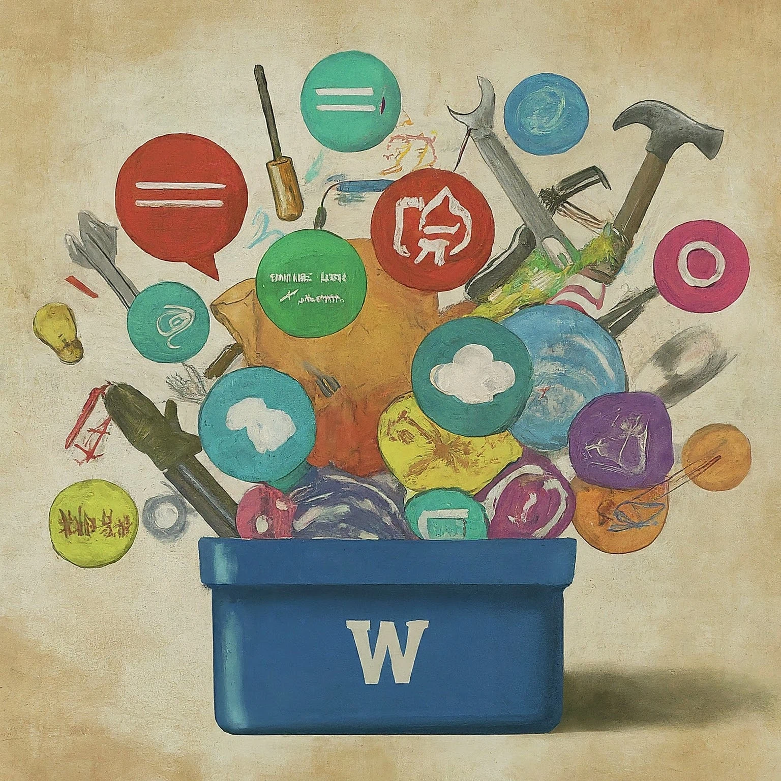 A Gemini generated image of a toolbox with the letter W for WordPress on the front.