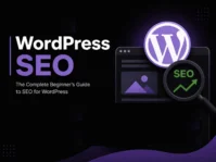 Banner for a beginner's guide to WordPress SEO, with the WordPress logo and a magnifying glass over a green rising arrow.