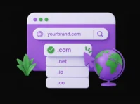 3D browser window showing yourbrand.com in a search bar, with .com selected from a list of .net, .io and .co extensions