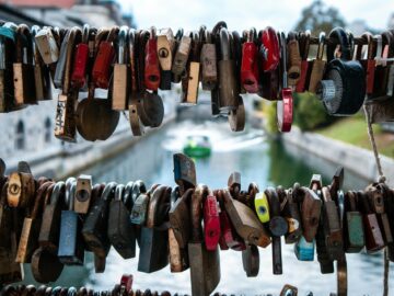 A large collection of locks hanging from a wire, symbolizing the different password updates being done on a WordPress site.